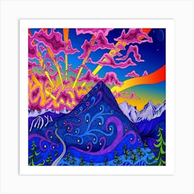 Blue And Purple Mountain Painting Psychedelic Colorful Lines Art Print