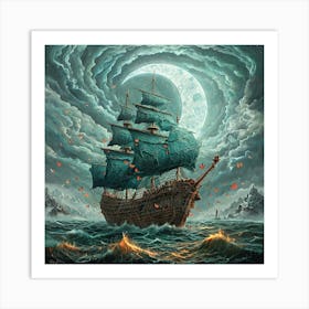 Fantastical Ship With Tattered Sails Surrounded By Butterflies Art Print