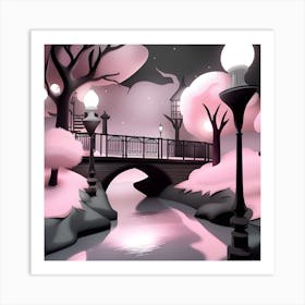 Pink Bridge In The Night Landscape Art Print