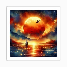 Sunset With Sailboat Art Print