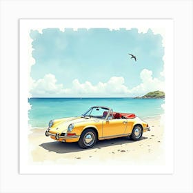 Exotic Car By A Calm Beach, Watercolor Painting 1 Art Print