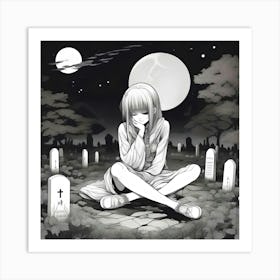 Anime Sad Girl In The Cemetery Art Print