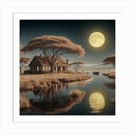 African Serenity Matte Painting of a Cottage in the Savannah 4 Art Print