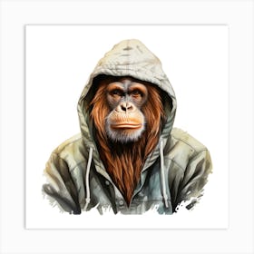 Watercolour Cartoon Orangutan In A Hoodie Art Print