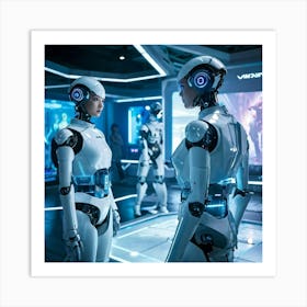 Futuristic Ai Center Holographic Interfaces Connecting With Sleek Humanoid Robots Humans In Advanc (4) Art Print