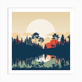 Sunset In The Lake Forest Sunset Deer Water Art Print