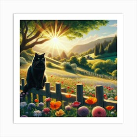 Ai Black Cat On Fence 2 Art Print