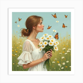 A Woman In A White Dress, Holding A Bouquet Of Daisies, With Butterflies Surrounding Her In A Meadow Art Print