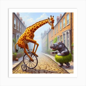 Giraffe And Hippo 1 Art Print