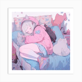 Anime Girl Sleeping With Cats Art Print
