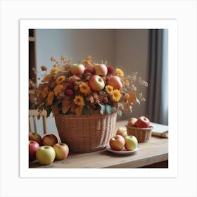 Photo An Autumn Flower Arrangement In A Basket Is On The Table Next To A Hat And Apples 1 Art Print