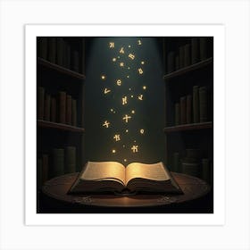 Mystical, Ancient Book With Glowing Runes Floating In A Dimly Lit Library 1 Art Print