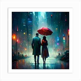 Couple Walking In The Rain Art Print