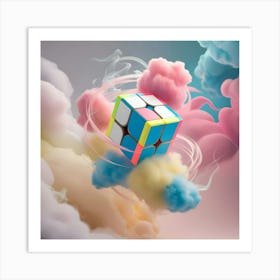 A Vibrant, 3d Illustration Of A Rubik S Cube Suspended In A Dreamlike, Abstract Art Environment, With Swirling Clouds Of Pastel Pink, Blue, And Yellow Hues Surrounding The Cube, Blending Into A Subtle Gradient Of Bold, Neon Like Colors (3) Art Print