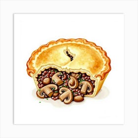 A Bright Watercolor Scene Of A Savory And Hearty Beef And Mushroom Pie With A Flaky Crust Art Print