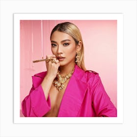 Oriental Glamour Portrait Of A Fashionable Model In A Pink Trench With Luxurious Thai Japanese Influ (6) Art Print