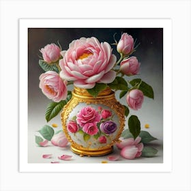 Antique fuchsia jar filled with purple roses, willow and camellia flowers 4 Art Print