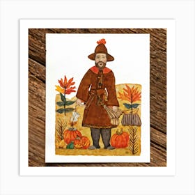 A Seasonal Autumn Greeting Card Joyfully Featuring A Cheerful Pilgrim Adorned In The Traditional Br Art Print