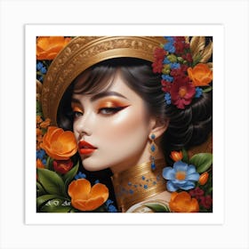 Beautiful Fashion Women In Flowers And Gold As A Bright Color Painting Art Print