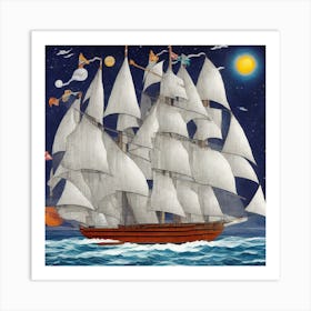 Tall Ship At Night Art Print