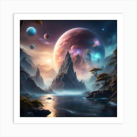 Galaxies and Planets Over Mountain Art Print