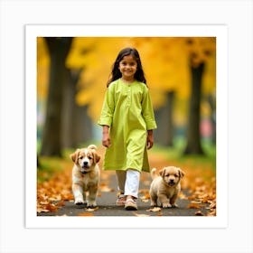 Little Girl With Puppies Art Print