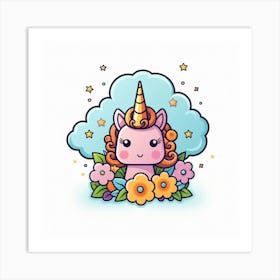 Cute Unicorn With Flowers Art Print