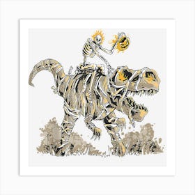 Skeleton Riding Mummy Dinosaur T Rex Pumpkin Funny Halloween Art Print