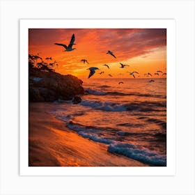 A Vibrant Sunset Casting Warm Hues Over A Tranquil Art Print