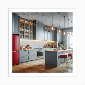 Beautiful Modern Designer Kitchen With Grey Cupboards And Red Appliances With Beautiful Light Fixtures 5 Affiche