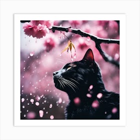 Black Cat amongst the Cherry Blossom Trees on a Rainy Day 2 Art Print