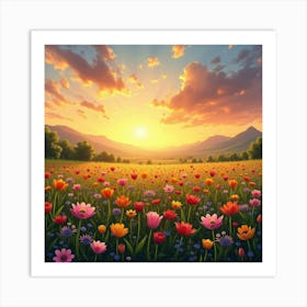 A Picturesque View Of A Field Of Colorful Wildflowers Under A Sunset Sky 2 Art Print