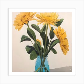 Yellow Gerberas In A Blue Vase Art Print