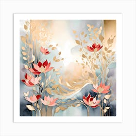 Flowers In Gold And Red Art Print