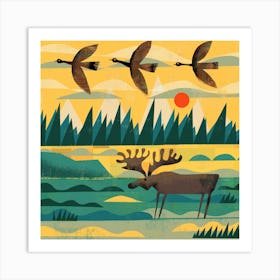 A Moose And Three Goose Square Art Print