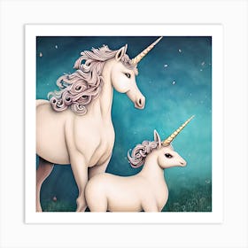 Beautiful Mother And Child Unicorn Art Print