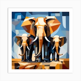 A Cubist Depiction Of A Family Of Elephants Art Print