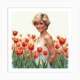 Beautiful Watercolor Rendering Of Princess Diana In A Garden Of Tulips 1 Art Print