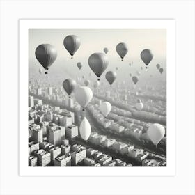 A Black And White Aerial View Of A City With Numerous Hot Air Balloons Floating Over The Buildings Art Print