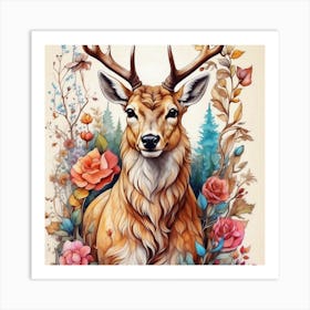 Deer With Roses Art Print