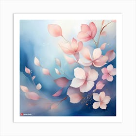 Firefly Abstract Cherry Blossom Petals In Watercolor Style, Floating Gently On A Misty Blue Backgrou (1) Art Print