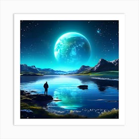 A Glowing Lake On The Planet Moon With A Blue Planet Earth On The Background Faced By Side With Ire(1) Art Print