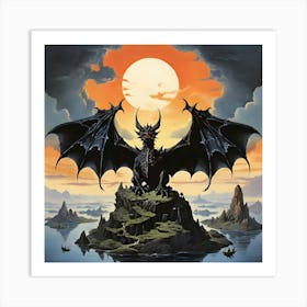 A Dragon With Large Bat Like Wings Flying Over A Floating Islands Art Print