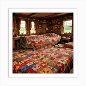 A Cozy Bedroom In A Rustic Log Cabin With Two Beds Covered In Patchwork Quilts Featuring A Fall Leaf Design Art Print