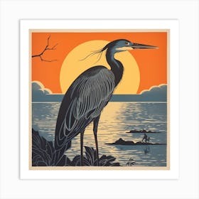 Retro Bird Lithograph Great Blue Heron 3 Art Print