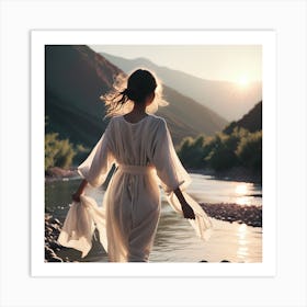 Woman In White Robe Walking By River Art Print