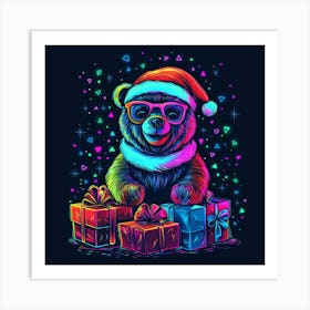 Vector Illustration Glowing Neon Bear In A Santa 1 Art Print