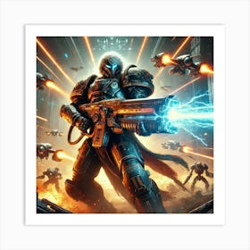 A Sci Fi Action Scene Showcasing Ryn Talvek Heavy Weaponry Art Print