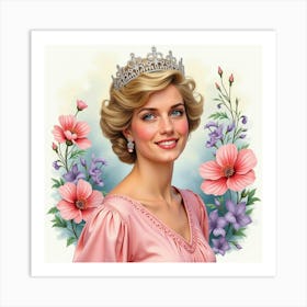 Princess Diana In A Watercolor Backdrop Of Blooming Flowers 1 Art Print