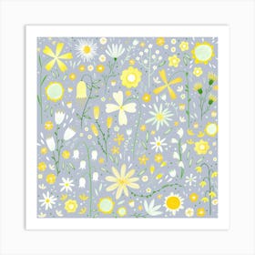 Yellow And White Wild Flowers on Blue Gray Art Print